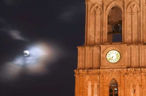 Mexico, Evening sky with moon and church clock